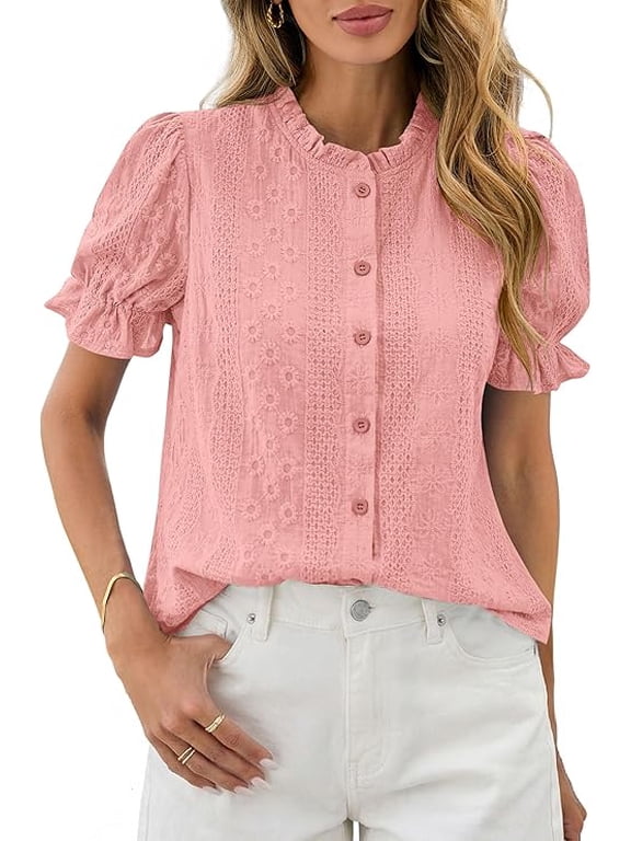 Womens Puff Short Sleeve Tops Summer Spring Button Down Boho Embroidered Cute Blouse Dressy Casual Shirts