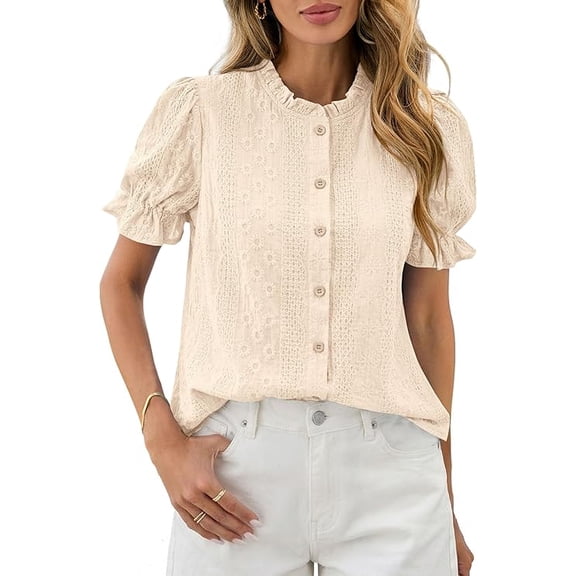 PRETTYGARDEN Womens Puff Short Sleeve Tops Summer Spring Button Down Boho Embroidered Cute Blouse Dressy Casual Shirts