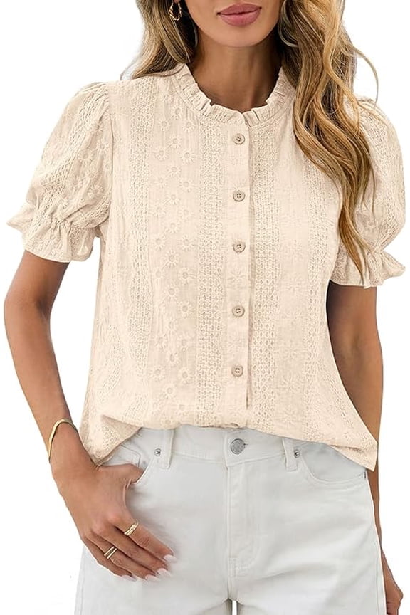 Womens Puff Short Sleeve Tops Summer Spring Button Down Boho Embroidered Cute Blouse Dressy Casual Shirts