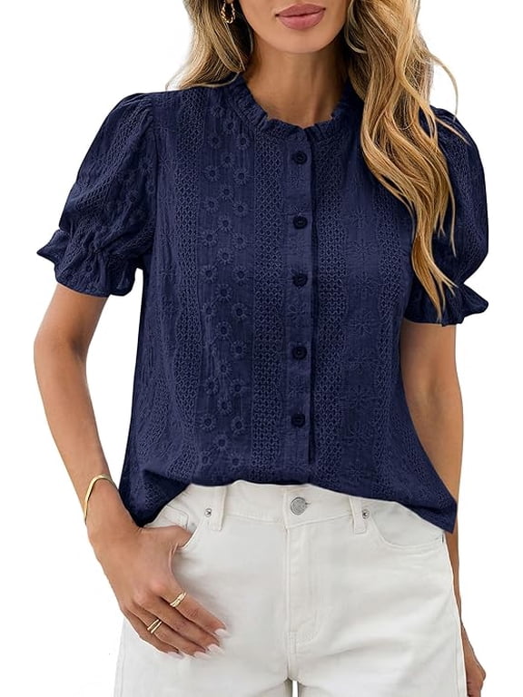 Womens Puff Short Sleeve Tops Summer Spring Button Down Boho Embroidered Cute Blouse Dressy Casual Shirts
