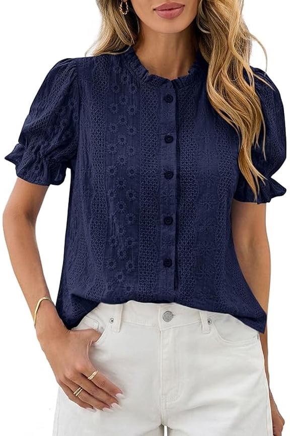 Womens Puff Short Sleeve Tops Summer Spring Button Down Boho Embroidered Cute Blouse Dressy Casual Shirts