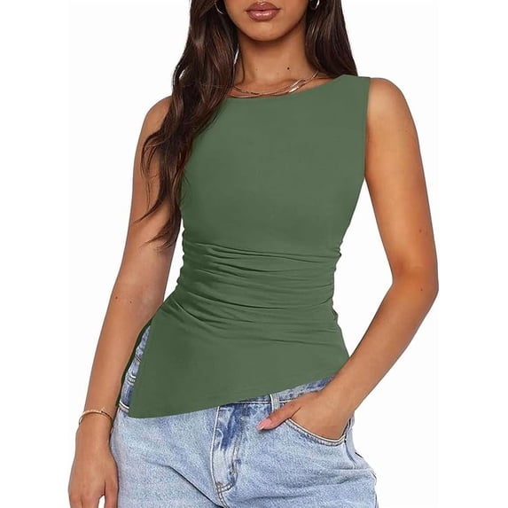 PRETTYGARDEN Womens Ruched Tank Tops Summer Sleeveless Slim Fit T Shirts Blouses Going Out Y2K Fashion Clothes