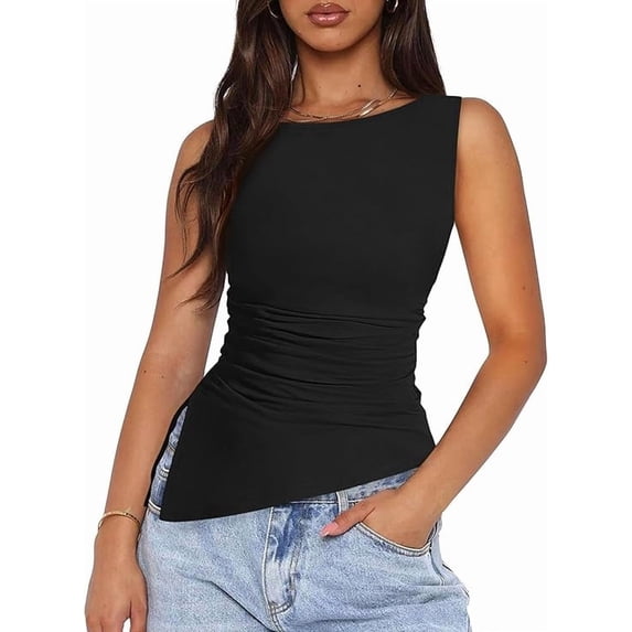 PRETTYGARDEN Womens Ruched Tank Tops Summer Sleeveless Slim Fit T Shirts Blouses Going Out Y2K Fashion Clothes