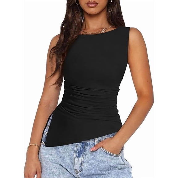 PRETTYGARDEN Womens Ruched Tank Tops Summer Sleeveless Slim Fit T Shirts Blouses Going Out Y2K Fashion Clothes