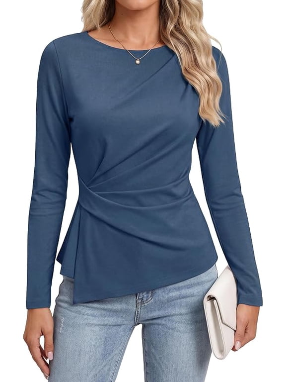 Womens Ruched Tops Casual Long Sleeve Shirt Soft Stretchy Knit, Round Neck Slim Fitted Shape, Pleated Asymmetrical Hem, Office Work Daily Wear