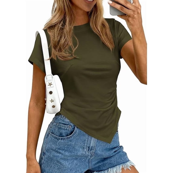 PRETTYGARDEN Womens Short Sleeve Crew Neck Trendy Shirts Spring Summer Y2K Going Out Tops Asymmetrical Ruched Blouse
