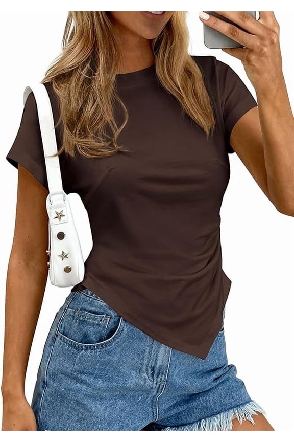 Womens Short Sleeve Crew Neck Trendy Shirts Spring Summer Y2K Going Out Tops Asymmetrical Ruched Blouse