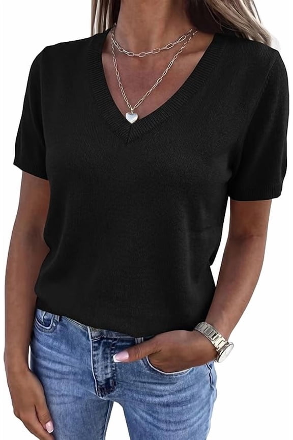 Womens Short Sleeve Sweater V Neck Trendy Pullover Tops Summer Spring Loose Lightweight Casual Blouse