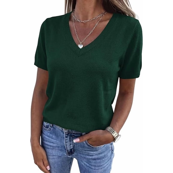 PRETTYGARDEN Womens Short Sleeve Sweater V Neck Trendy Pullover Tops Summer Spring Loose Lightweight Casual Blouse