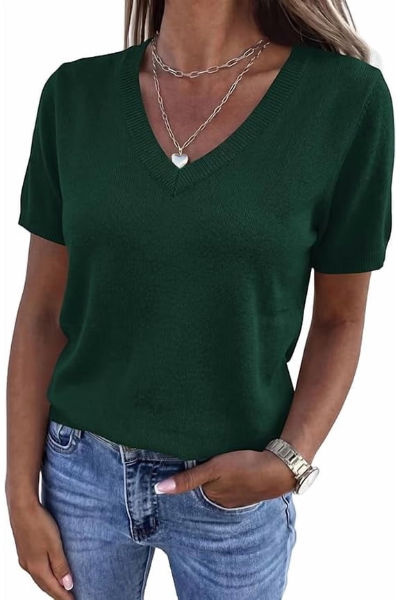 Womens Short Sleeve Sweater V Neck Trendy Pullover Tops Summer Spring Loose Lightweight Casual Blouse