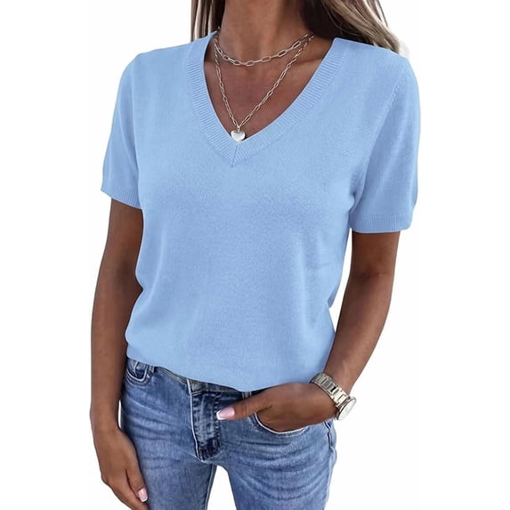 PRETTYGARDEN Womens Short Sleeve Sweater V Neck Trendy Pullover Tops Summer Spring Loose Lightweight Casual Blouse