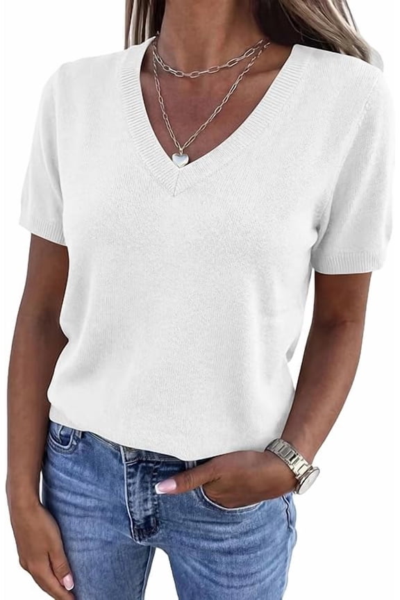 Womens Short Sleeve Sweater V Neck Trendy Pullover Tops Summer Spring Loose Lightweight Casual Blouse