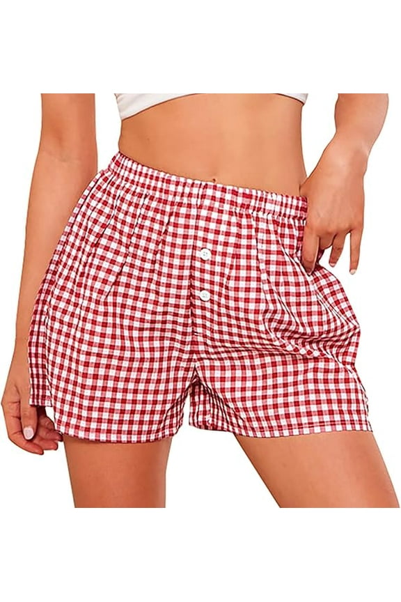 Womens Shorts Boxers 2025 Summer Gingham Pajama Lounge Sleep Y2K Plaid Pj Shorts Beach Bottoms