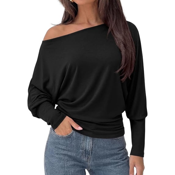 PRETTYGARDEN Womens Off The Shoulder Batwing Long Sleeve Top Asymmetrical Off Shoulder Cinched Waist Shirts, Soft Knitted, Dressy Casual Blouses, Going Out Tops, Fall Fashion Winter Clothes
