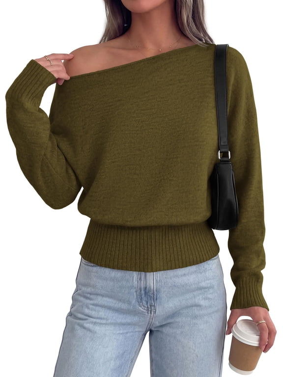 Womens Off The Shoulder Sweater Fall Fashion Soft Stretchy Knit Fabric, Batwing Long Sleeve Cinched Waist Cropped Sweaters, Date Night Outfit, Asymmetrical Going Out Tops