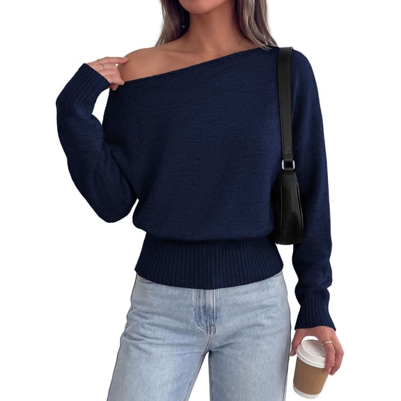 PRETTYGARDEN Womens Off The Shoulder Sweater Fall Fashion Soft Stretchy Knit Fabric, Batwing Long Sleeve Cinched Waist Cropped Sweaters, Date Night Outfit, Asymmetrical Going Out Tops