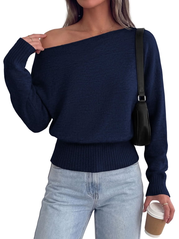 Womens Off The Shoulder Sweater Fall Fashion Soft Stretchy Knit Fabric, Batwing Long Sleeve Cinched Waist Cropped Sweaters, Date Night Outfit, Asymmetrical Going Out Tops