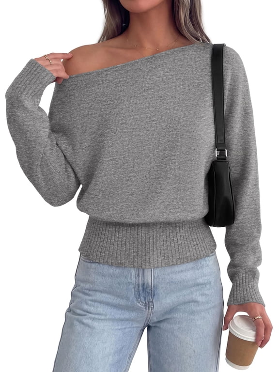 Womens Off The Shoulder Sweater Fall Fashion Soft Stretchy Knit Fabric, Batwing Long Sleeve Cinched Waist Cropped Sweaters, Date Night Outfit, Asymmetrical Going Out Tops