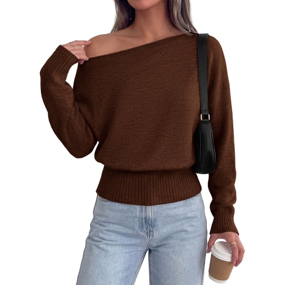 PRETTYGARDEN Womens Off The Shoulder Sweater Fall Fashion Soft Stretchy Knit Fabric, Batwing Long Sleeve Cinched Waist Cropped Sweaters, Date Night Outfit, Asymmetrical Going Out Tops