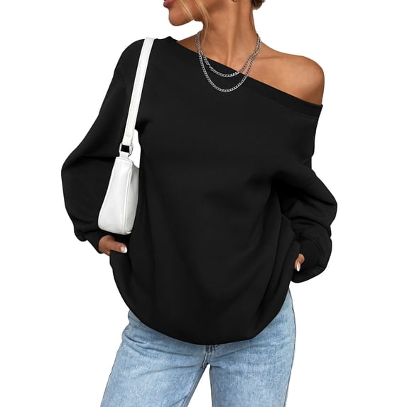 PRETTYGARDEN Womens Off The Shoulder Sweatshirt Loose Fit Slouchy Long Sleeve Tops,Fleece Cropped Sweatshirts,Oversized Pullover,Casual Daily Street Y2K Outfits,Fall Winter Clothes