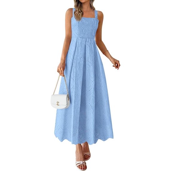 PRETTYGARDEN Womens Sleeveless Maxi Summer Dresses Hollow Out Eyelet Square Neck Ruffle Flowy Beach Vacation Sundress