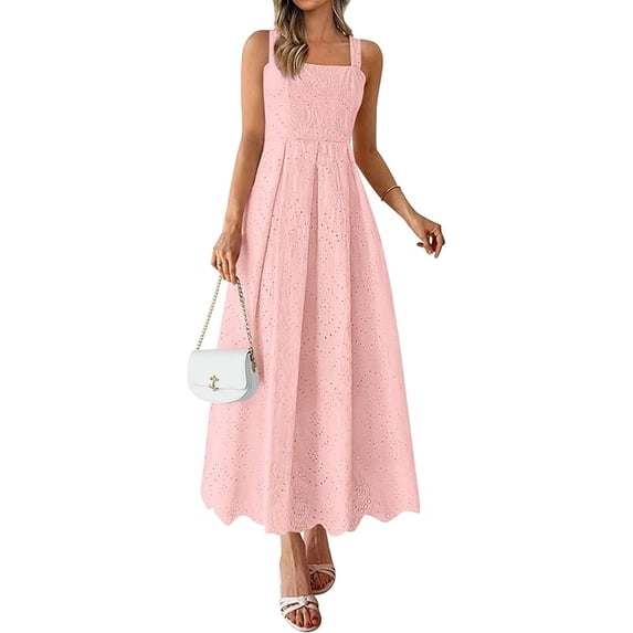 PRETTYGARDEN Womens Sleeveless Maxi Summer Dresses Hollow Out Eyelet Square Neck Ruffle Flowy Beach Vacation Sundress
