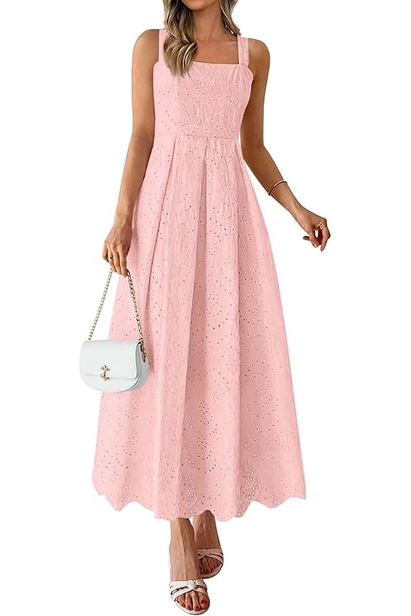 Womens Sleeveless Maxi Summer Dresses Hollow Out Eyelet Square Neck Ruffle Flowy Beach Vacation Sundress