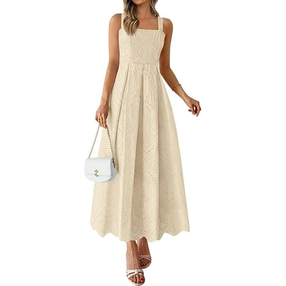 PRETTYGARDEN Womens Sleeveless Maxi Summer Dresses Hollow Out Eyelet Square Neck Ruffle Flowy Beach Vacation Sundress