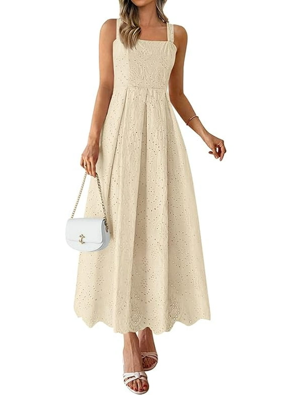 Womens Sleeveless Maxi Summer Dresses Hollow Out Eyelet Square Neck Ruffle Flowy Beach Vacation Sundress