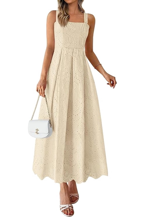 Womens Sleeveless Maxi Summer Dresses Hollow Out Eyelet Square Neck Ruffle Flowy Beach Vacation Sundress