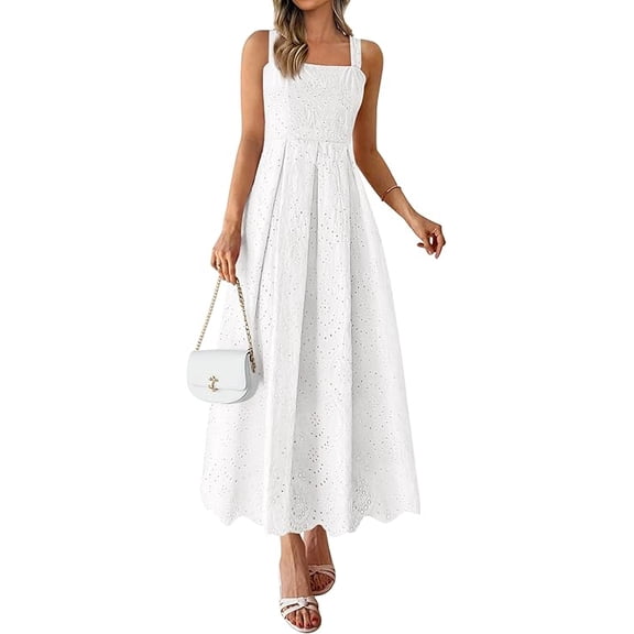 PRETTYGARDEN Womens Sleeveless Maxi Summer Dresses Hollow Out Eyelet Square Neck Ruffle Flowy Beach Vacation Sundress
