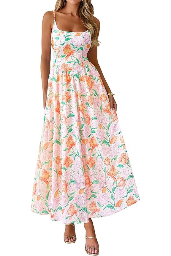Womens Spring Boho Maxi Dress Eyelet Floral Long Flowy Sundresses Summer Beach Vacation Clothes