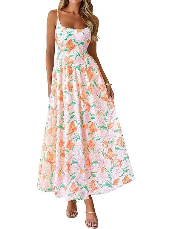 Womens Spring Boho Maxi Dress Eyelet Floral Long Flowy Sundresses Summer Beach Vacation Clothes