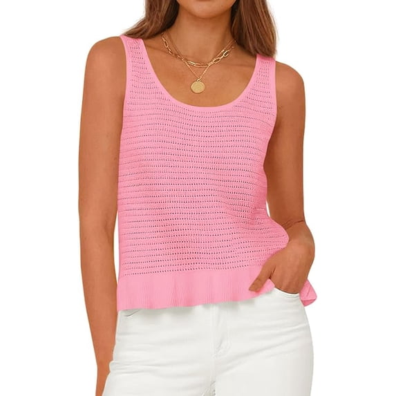 PRETTYGARDEN Womens Spring Crochet Tops Summer Sleeveless Scoop Neck Boho Sweater Tank Top Cute Beach Vacation Clothes