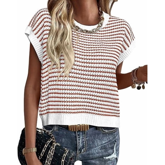 PRETTYGARDEN Womens Spring Summer Sweaters Casual Round Neck Cap Sleeve Vests Trendy Striped Pullover Knit Tops