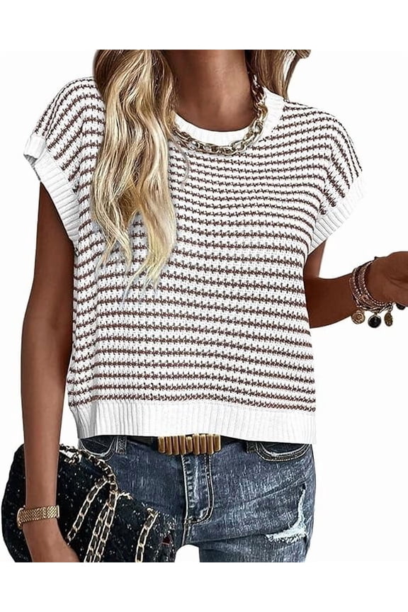 Womens Spring Summer Sweaters Casual Round Neck Cap Sleeve Vests Trendy Striped Pullover Knit Tops