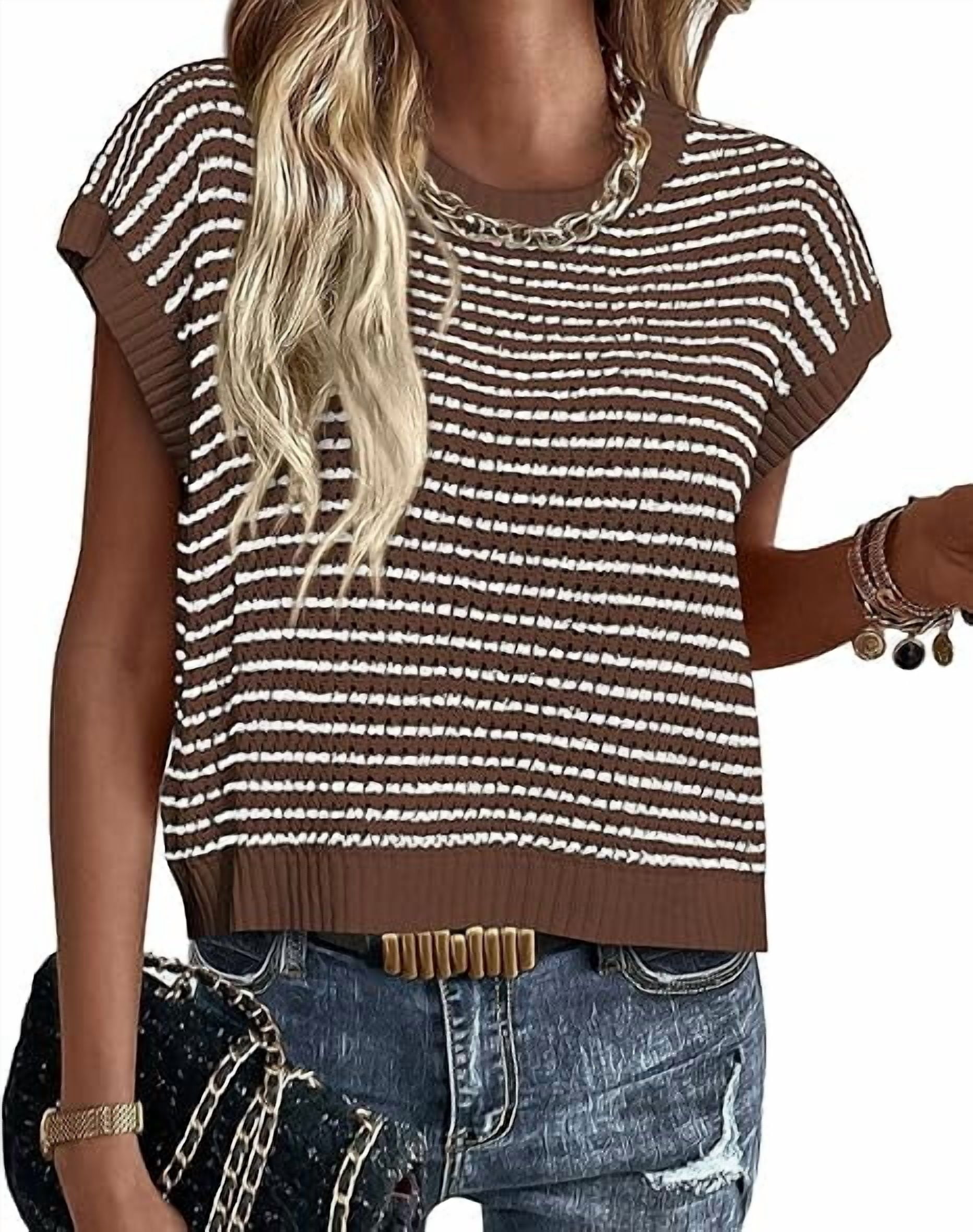 PRETTYGARDEN Womens Spring Summer Sweaters Casual Round Neck Cap Sleeve ...