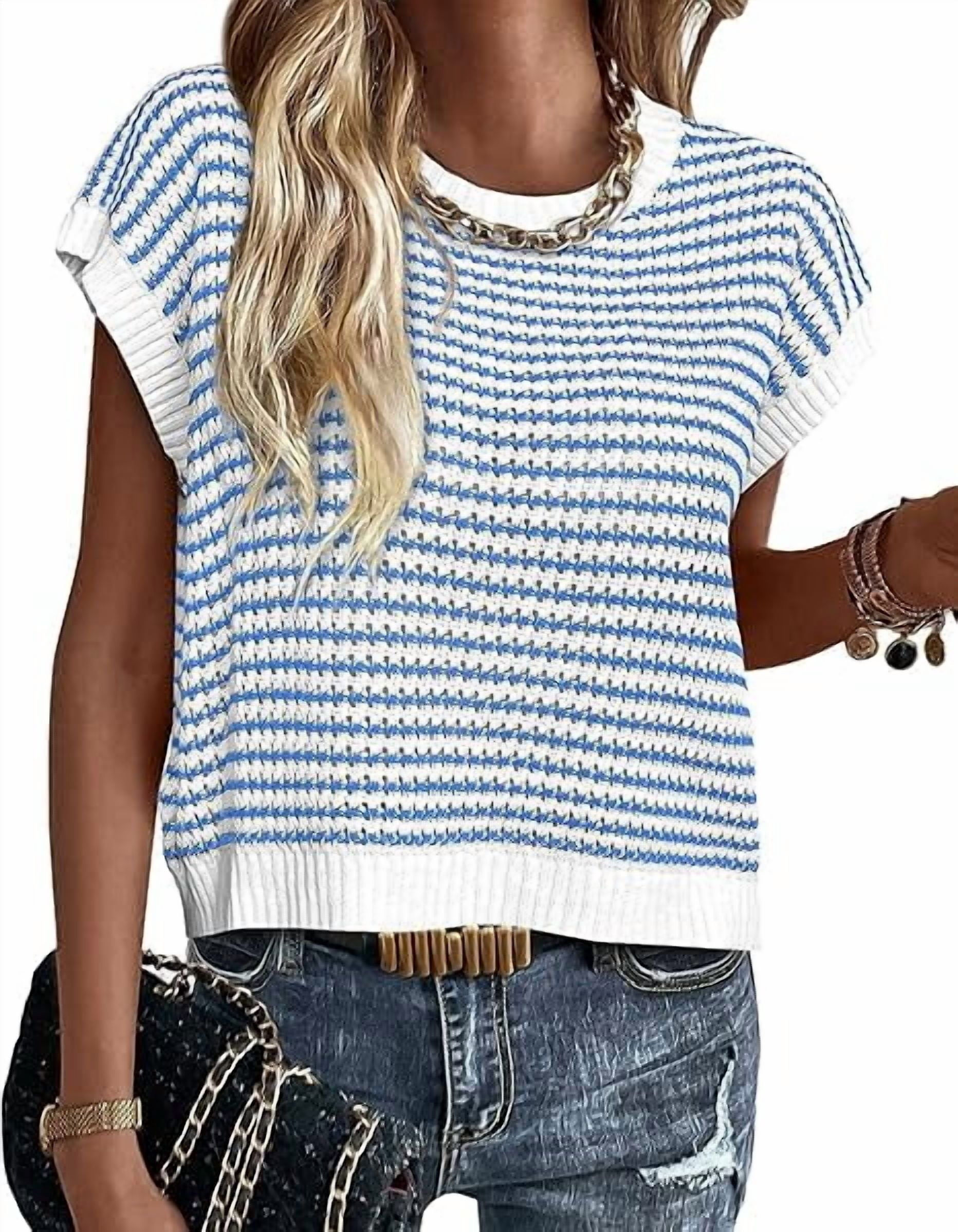PRETTYGARDEN Womens Spring Summer Sweaters Casual Round Neck Cap Sleeve ...