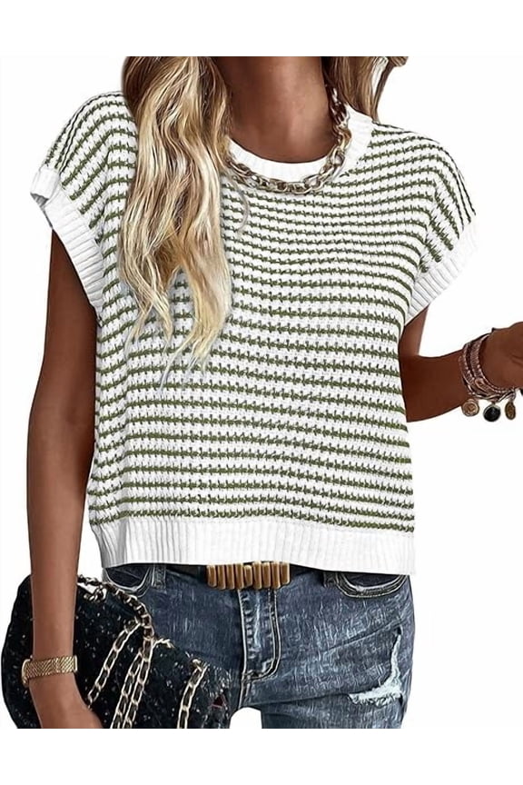 Womens Spring Summer Sweaters Casual Round Neck Cap Sleeve Vests Trendy Striped Pullover Knit Tops