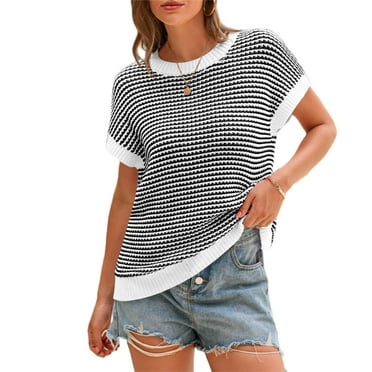 PRETTYGARDEN Womens Spring Summer Sweaters Casual Round Neck Cap Sleeve Vests Trendy Striped Pullover Knit Tops