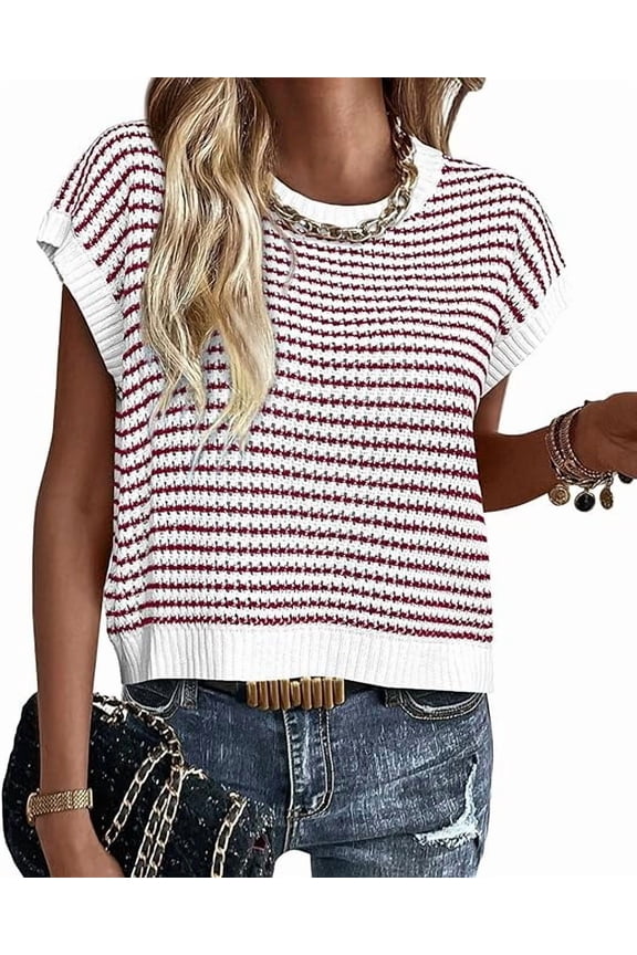 Womens Spring Summer Sweaters Casual Round Neck Cap Sleeve Vests Trendy Striped Pullover Knit Tops