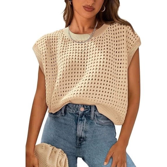 PRETTYGARDEN Womens Spring Tops Summer Shirts Crochet Cap Sleeve Sweater Pullover Cute Crew Neck Beach Cover Ups