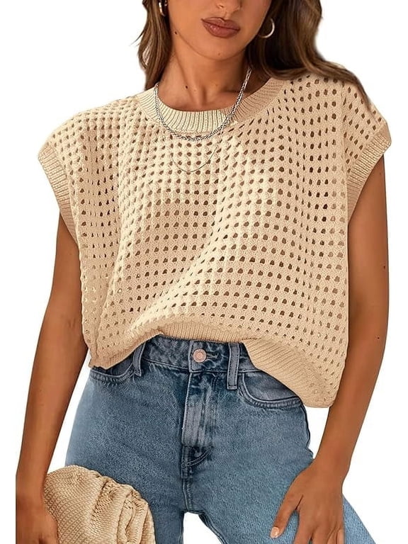 Womens Spring Tops Summer Shirts Crochet Cap Sleeve Sweater Pullover Cute Crew Neck Beach Cover Ups