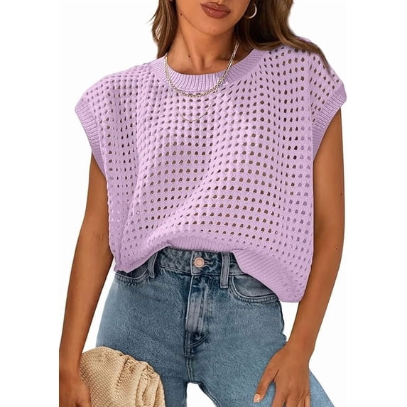 PRETTYGARDEN Womens Spring Tops Summer Shirts Crochet Cap Sleeve Sweater Pullover Cute Crew Neck Beach Cover Ups