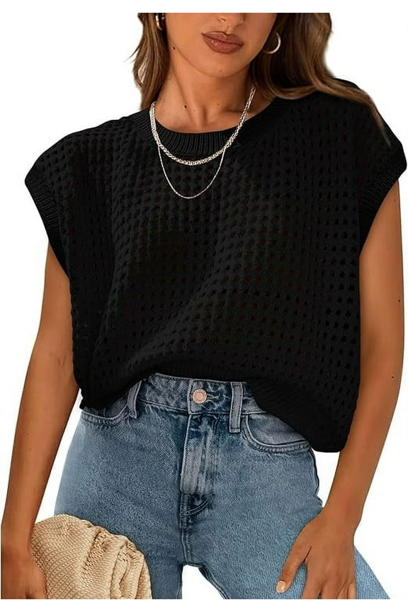 Womens Spring Tops Summer Shirts Crochet Cap Sleeve Sweater Pullover Cute Crew Neck Beach Cover Ups