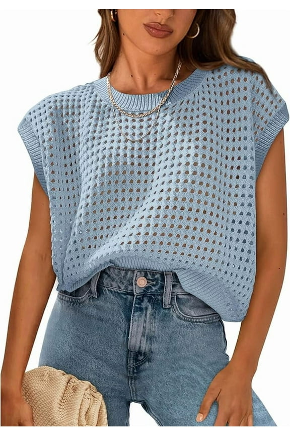 Womens Spring Tops Summer Shirts Crochet Cap Sleeve Sweater Pullover Cute Crew Neck Beach Cover Ups