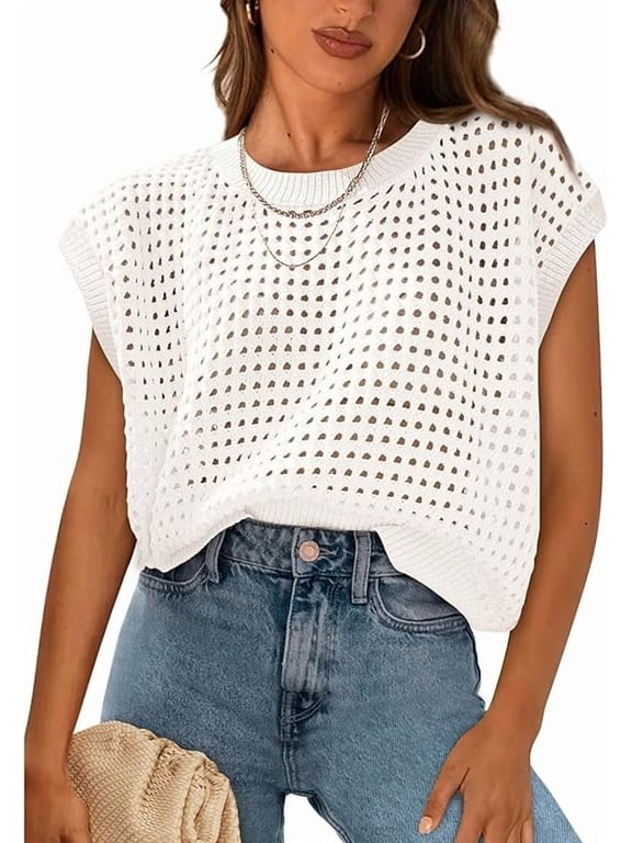 Womens Spring Tops Summer Shirts Crochet Cap Sleeve Sweater Pullover Cute Crew Neck Beach Cover Ups