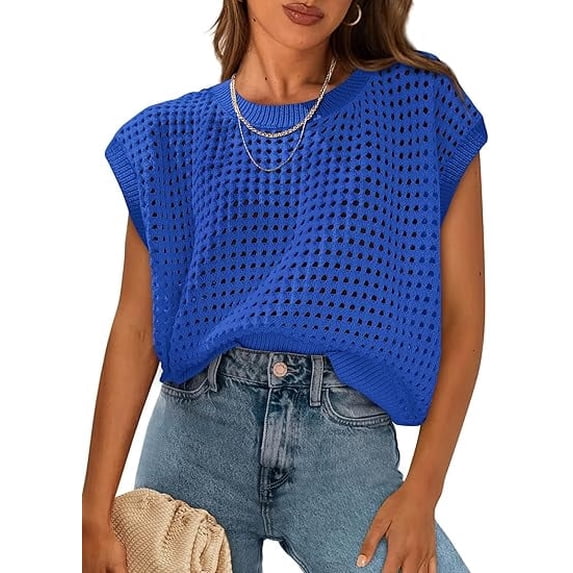 PRETTYGARDEN Womens Blue Crochet Cap Sleeve Sweater Pullover L, cotton crew neck beach cover up