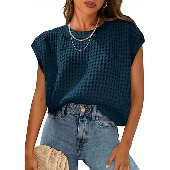 PRETTYGARDEN Womens Spring Tops Summer Shirts Crochet Cap Sleeve Sweater Pullover Cute Crew Neck Beach Cover Ups