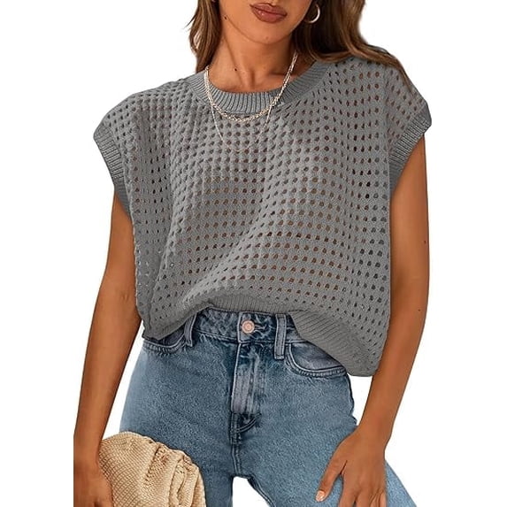 PRETTYGARDEN Womens Spring Tops Summer Shirts Crochet Cap Sleeve Sweater Pullover Cute Crew Neck Beach Cover Ups
